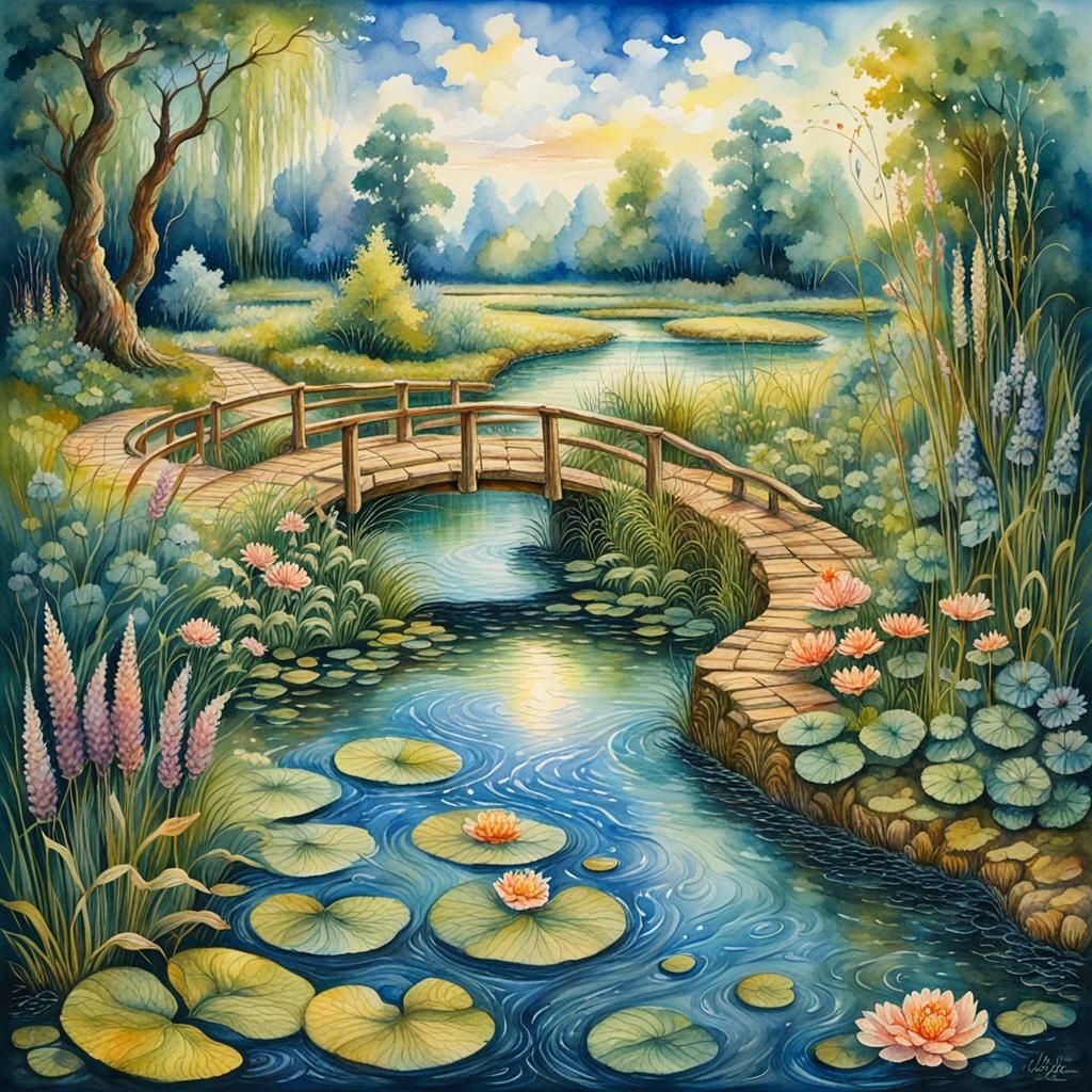 Watercolor Landscape of a Serene Pond and Wildflower Fields