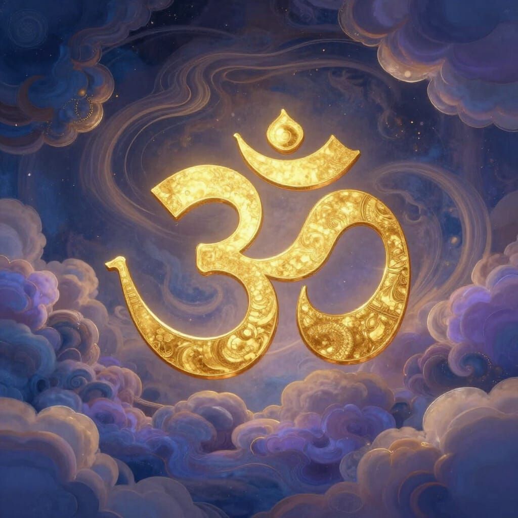 Golden Sanskrit OM Symbol Amidst Ethereal Clouds
