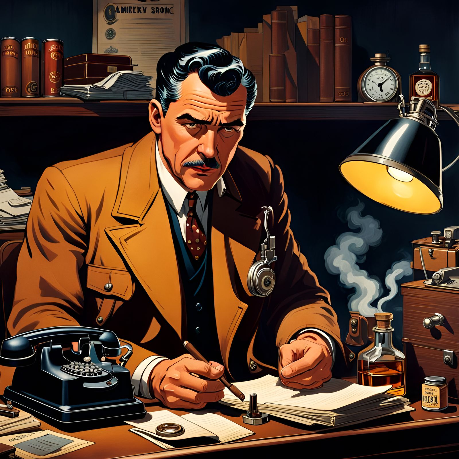 Rumpled Detective Ponders Case Files Under City Streetlights