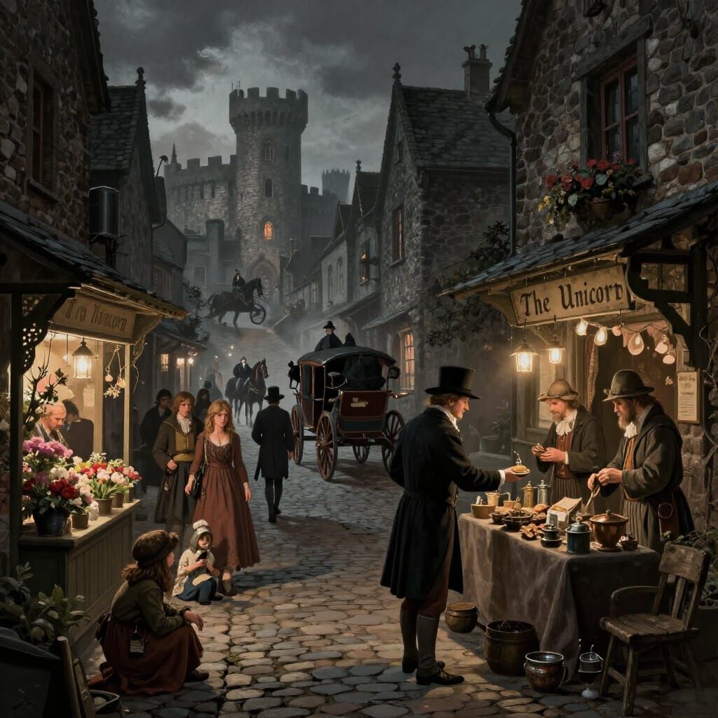 14th Century Street Scene with Inn and Flower Shop