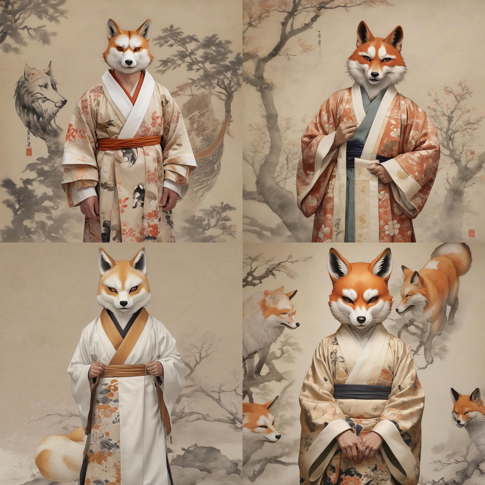 Man Wears Traditional Kitsune Inu Boku Fox Mask and Robes in...