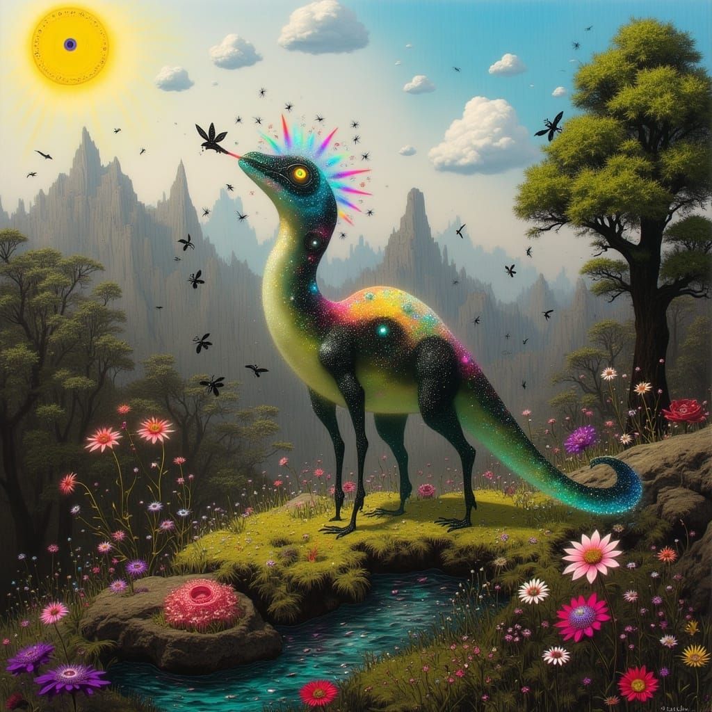 Surreal Gemstone Landscape with Majestic Iridescent Dinosaur