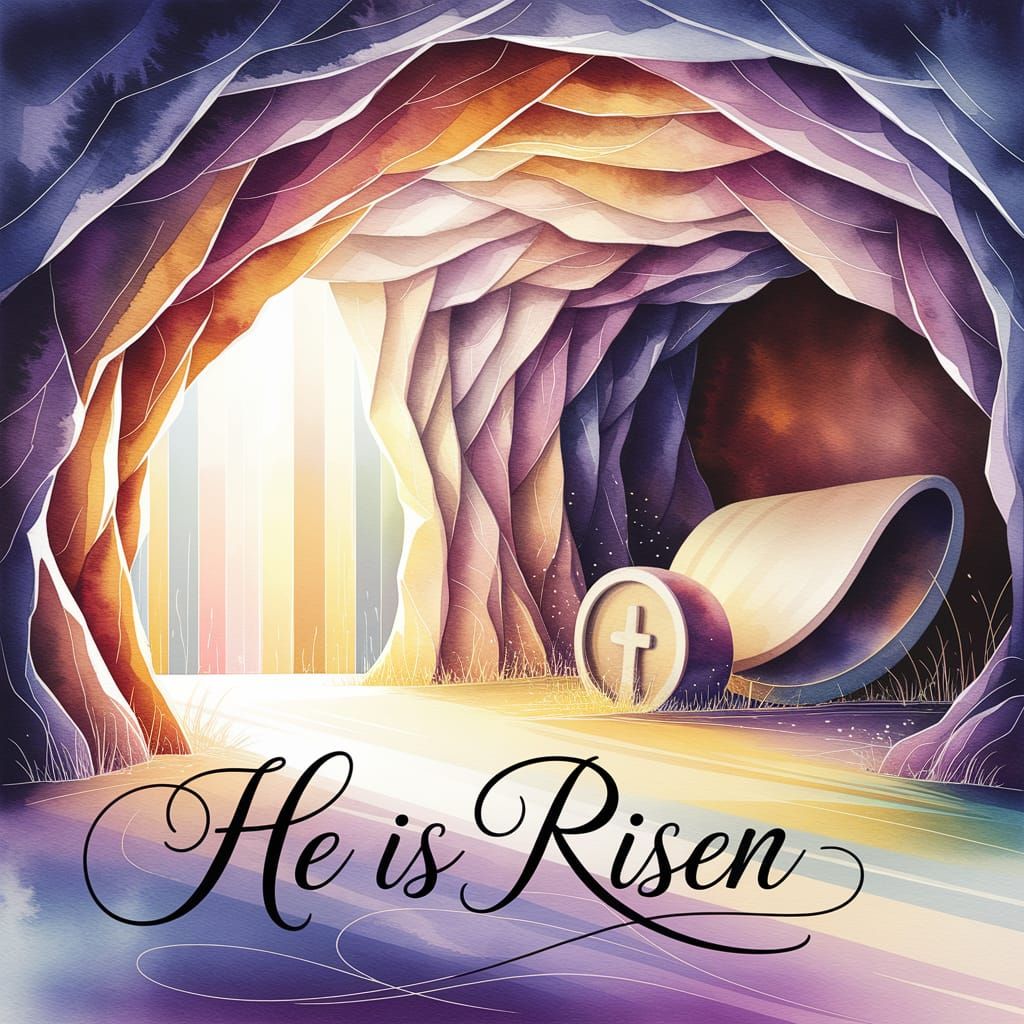 Ethereal Watercolor Tomb of Jesus with Rolling Stone and Gol...