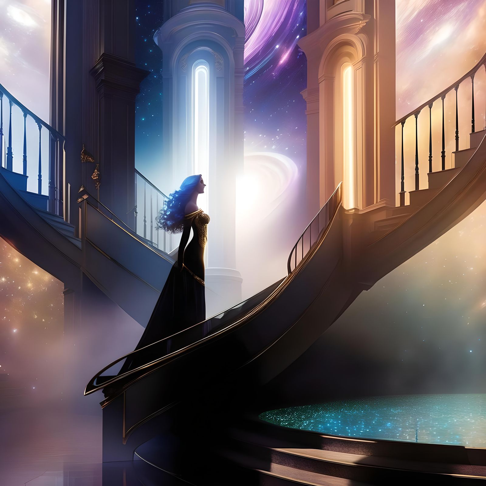 Ethereal Maiden Ascends Grand Staircase Under Radiant Reflec...