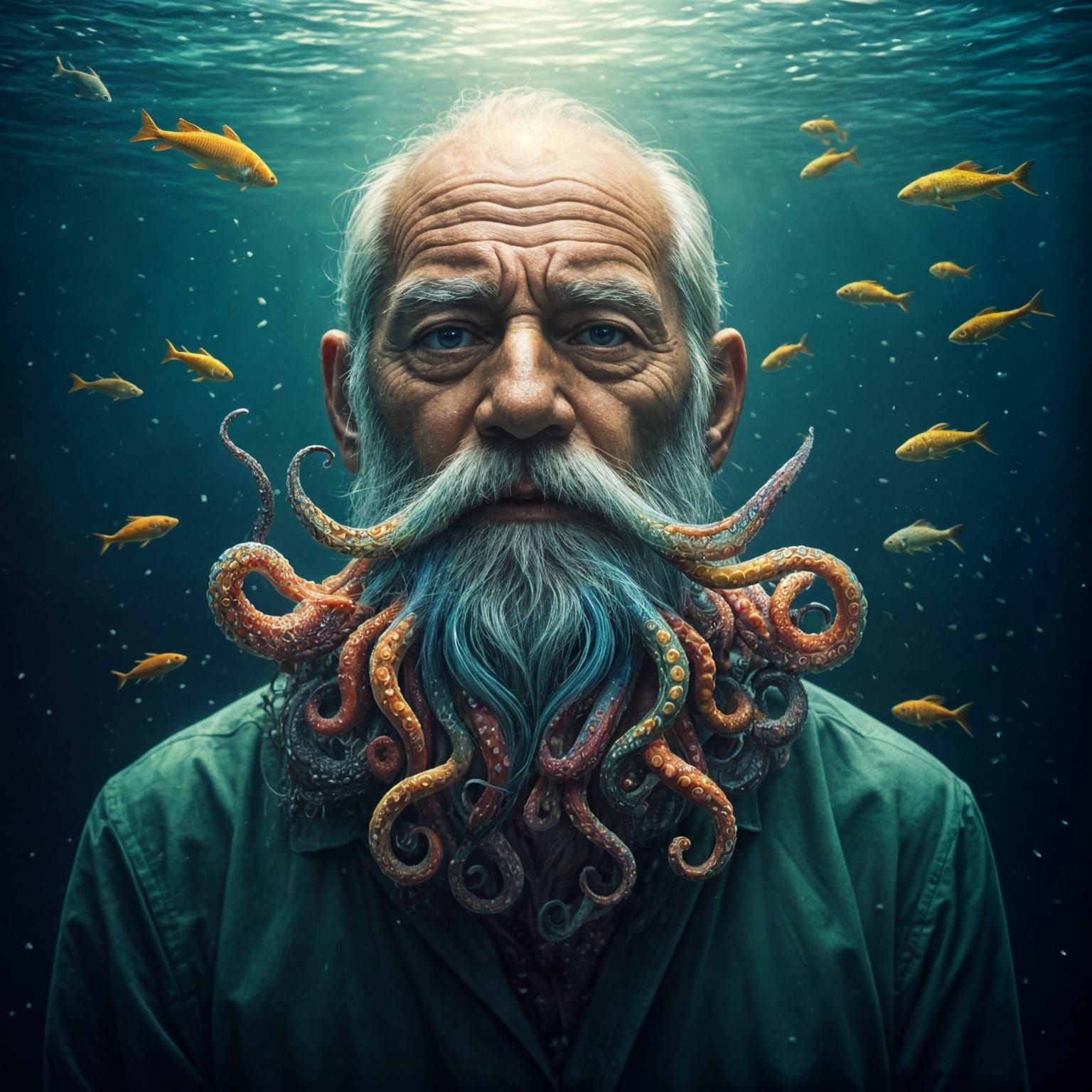 Underwater Psychedelic Sage in a Whimsical Tentacled Beard