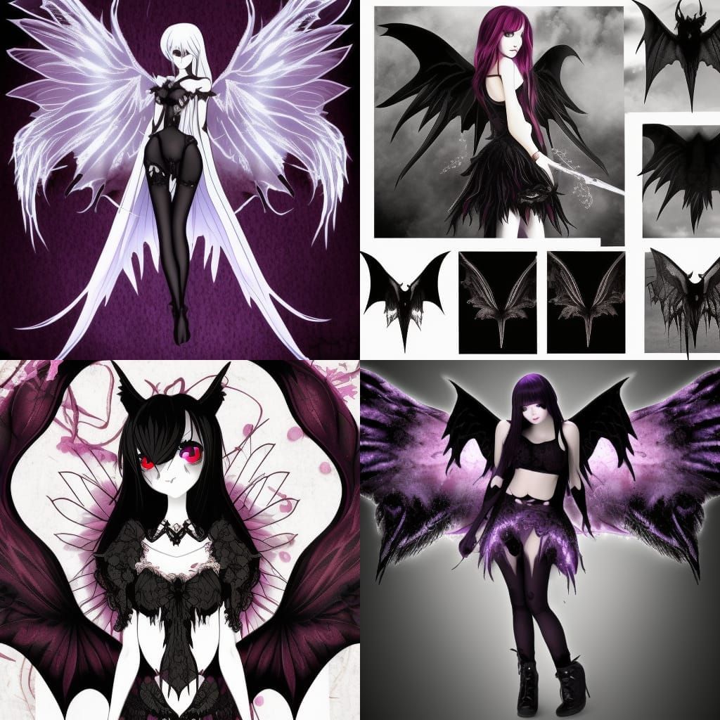 Dark Gothic Fairy in Anime Style with Lace Wings and Demon B...