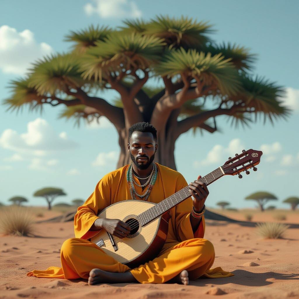 Senegalese Kora Player in Cyberpunk Setting