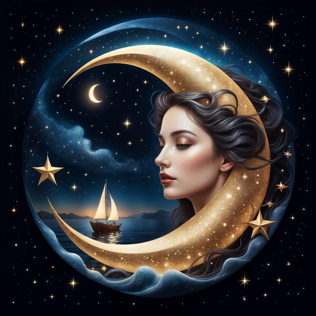 Surrealist Dreamscape with Hyper Realistic Crescent Moon and...