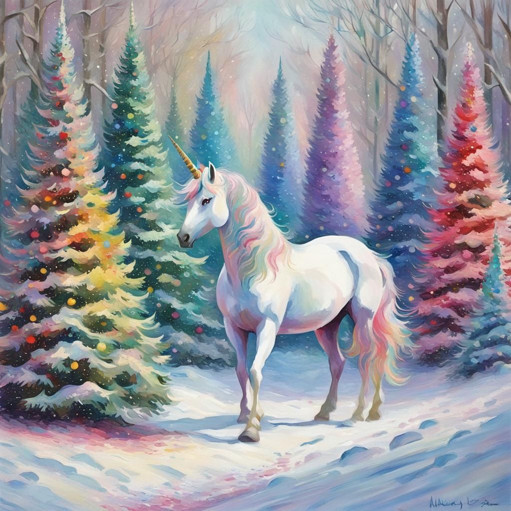 Unicorn in Snowy Winter Forest: Monet Style