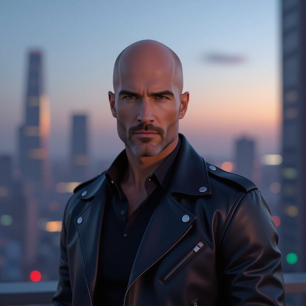 Bald Man in Cityscape, Futuristic Cinematic Style