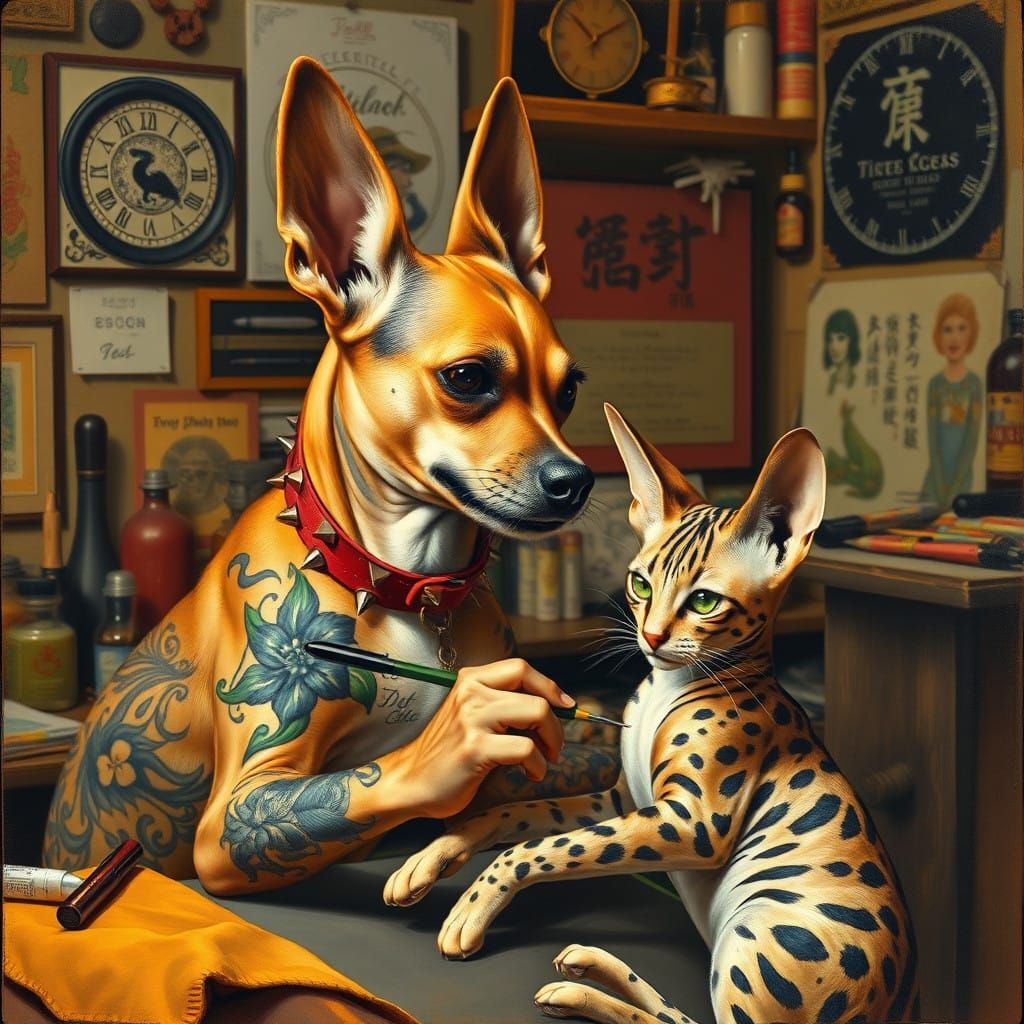 A Whimsical Dog Tattoos a Sphinx Cat in a Vibrant Studio