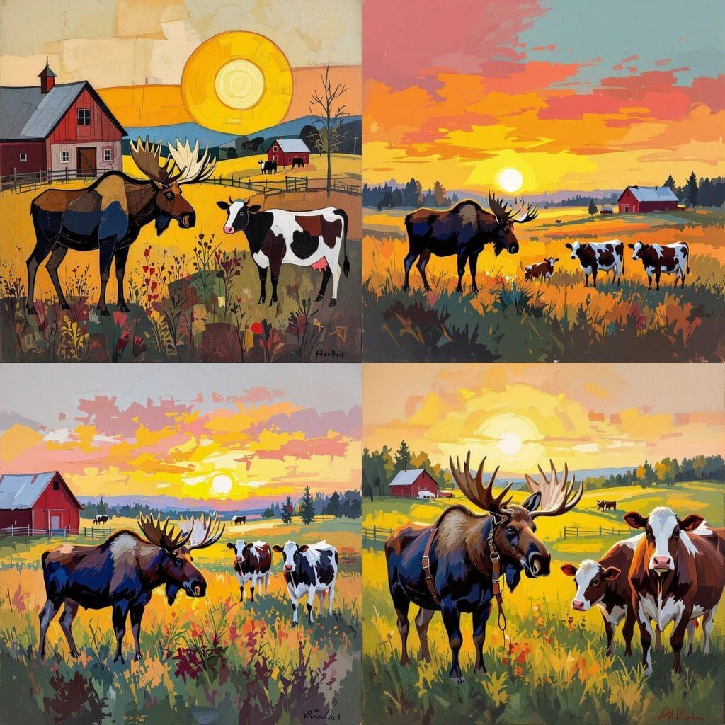 Moose and Cows Grazing at Dawn in Abstract Style