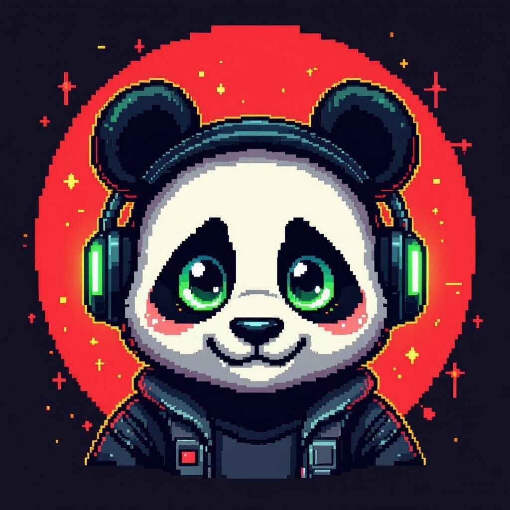 Pixel Art Panda Face in 8-Bit Neon Style