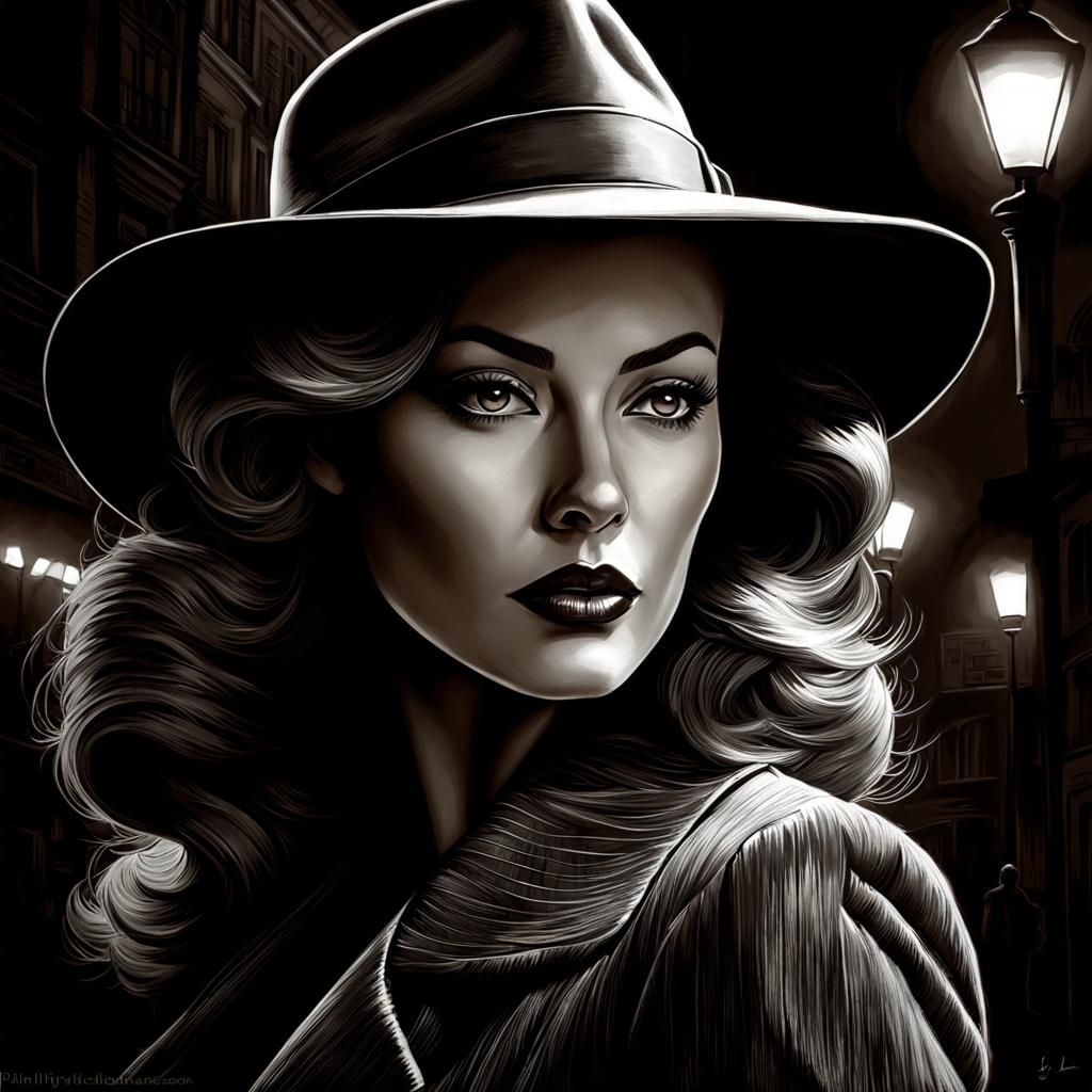 Mysterious Femme Fatale in Filmic Noir Style