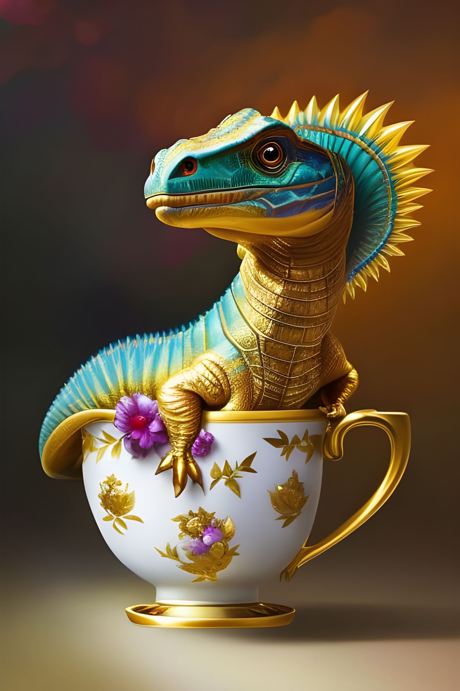 Golden Baby Dinosaur in an Ornate Teacup