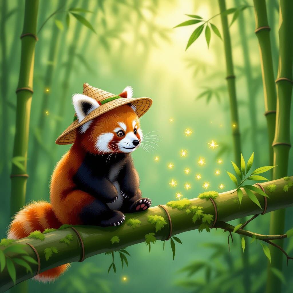 Red Panda in Bamboo Hat with Fireflies