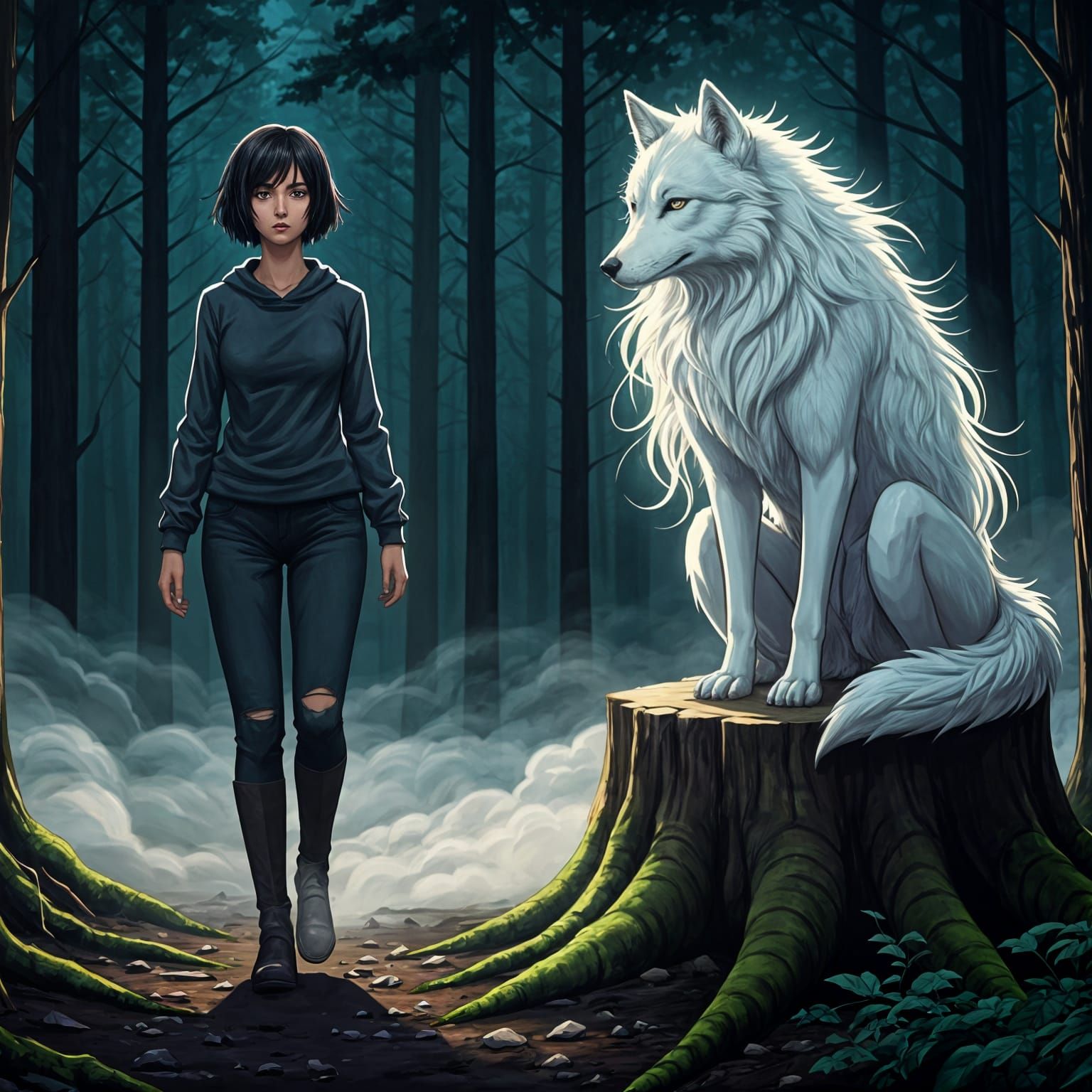Wolf-Like Woman Emerges Amidst Foggy Forest in Anime-Inspire...