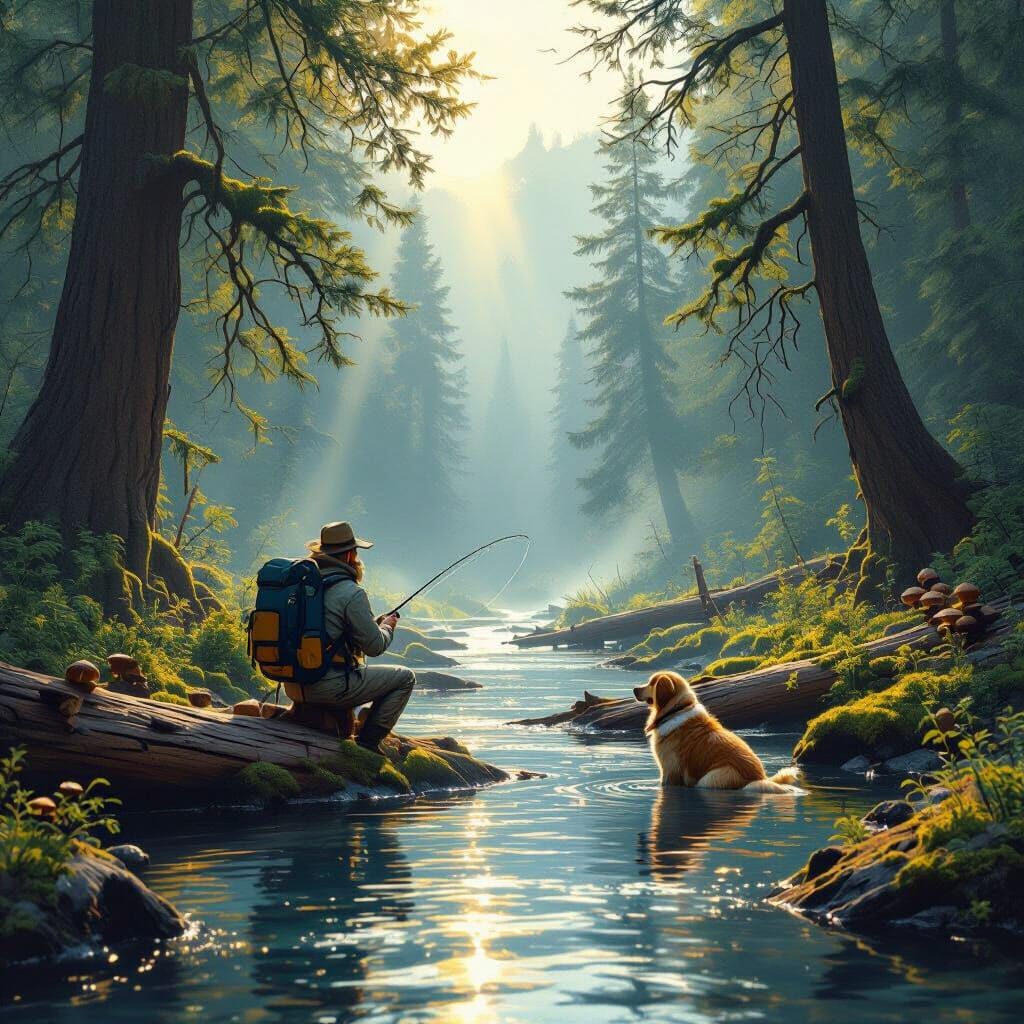 Angler and Dog Flyfishing in Serene Mountain Creek Landscape