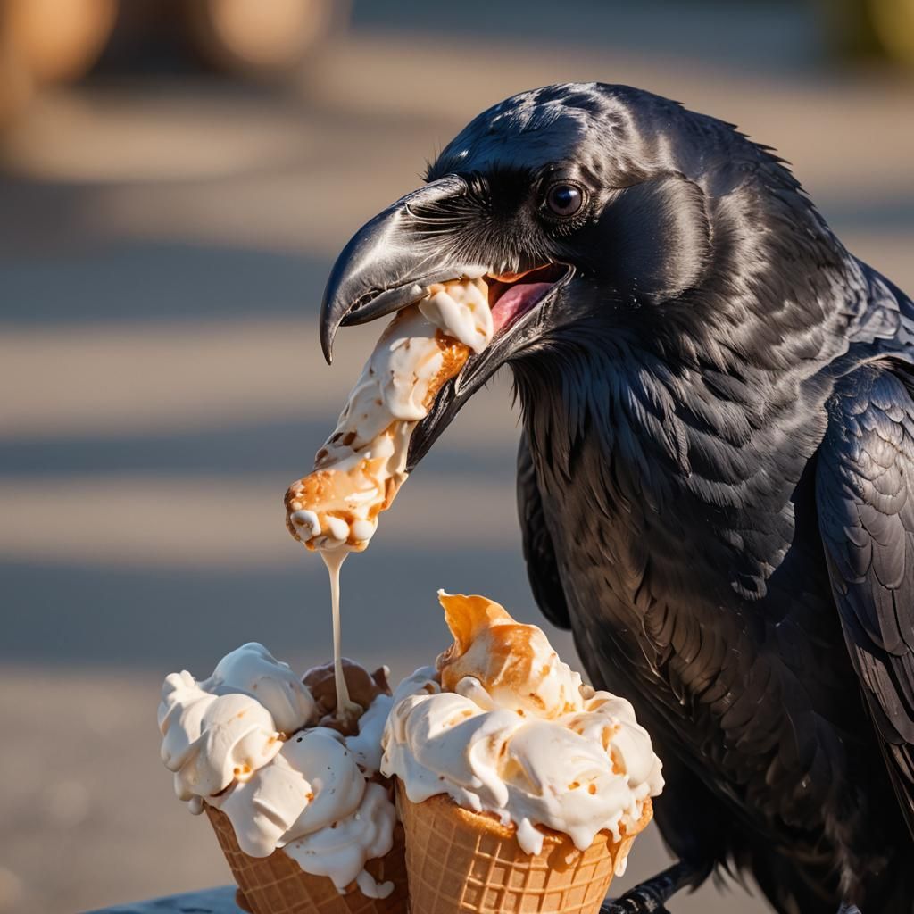 Surreal Wildlife Scene of a Raven Enjoying Ice Cream