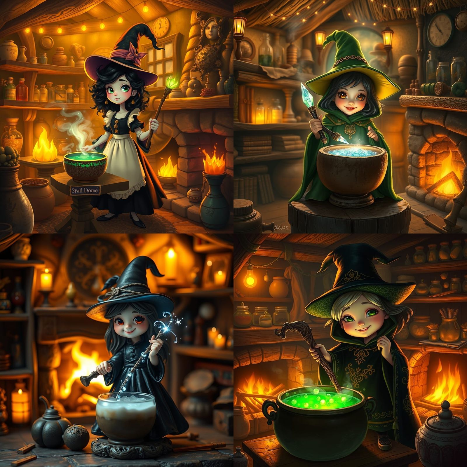 Whimsical Witch Mixes Potion in Enchanted Cottage