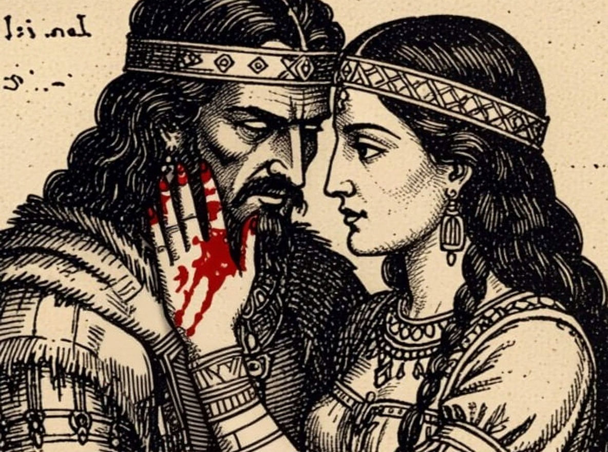 Lenape Princess and Macbeth in Woodcut Print