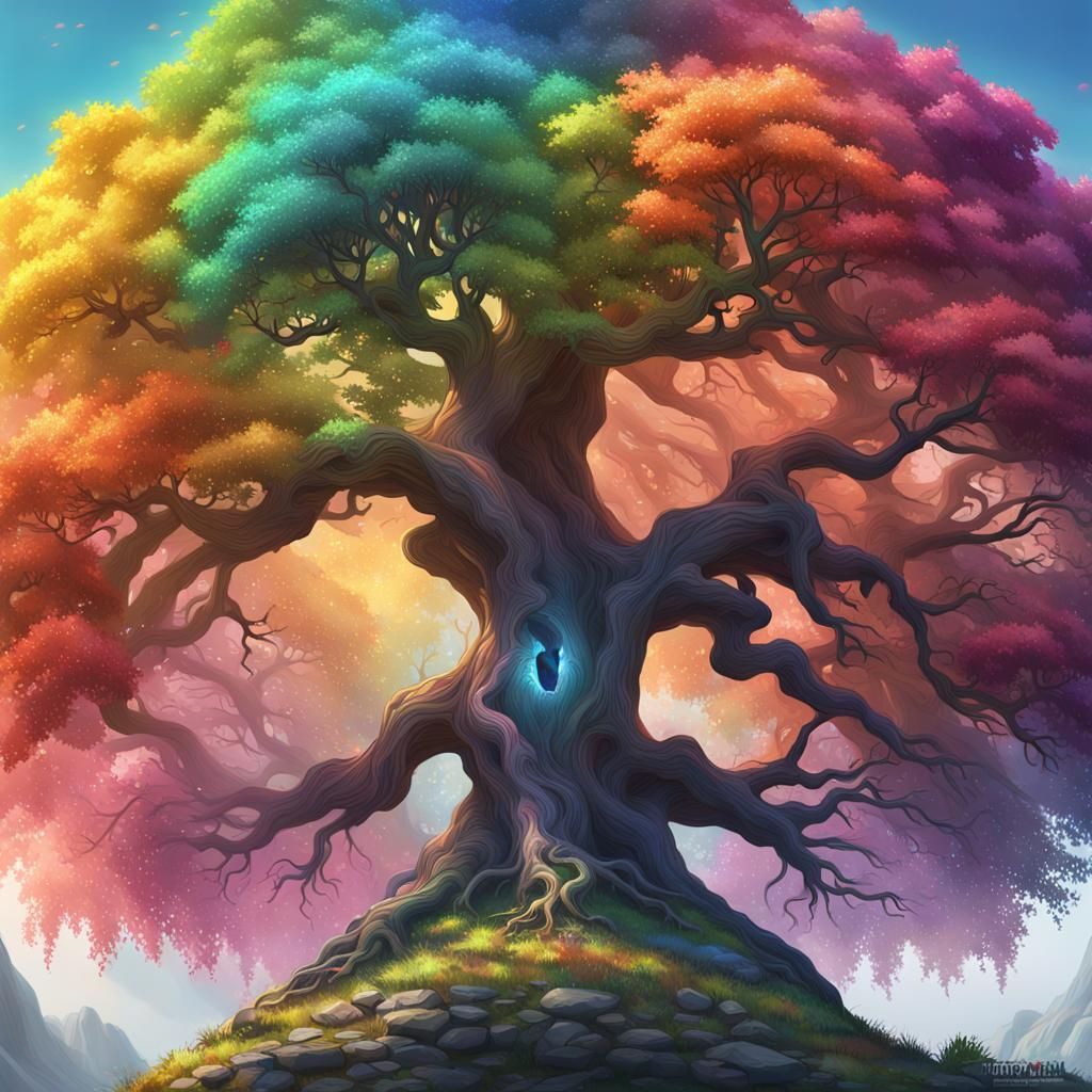 Vibrant Elemental Tree in Hyperdetailed Nature Portrait