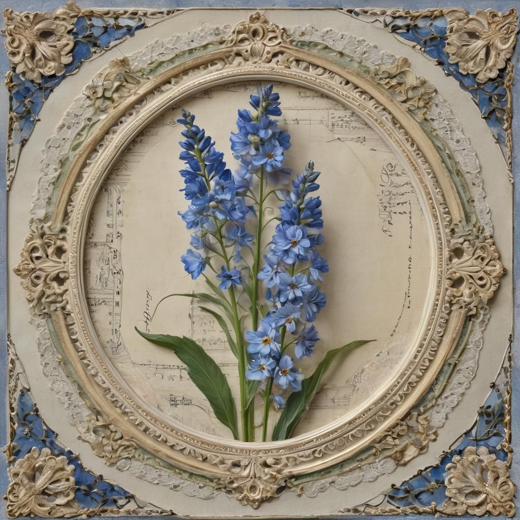 Vintage-Style Delphinium Botanical Art in Mixed Media