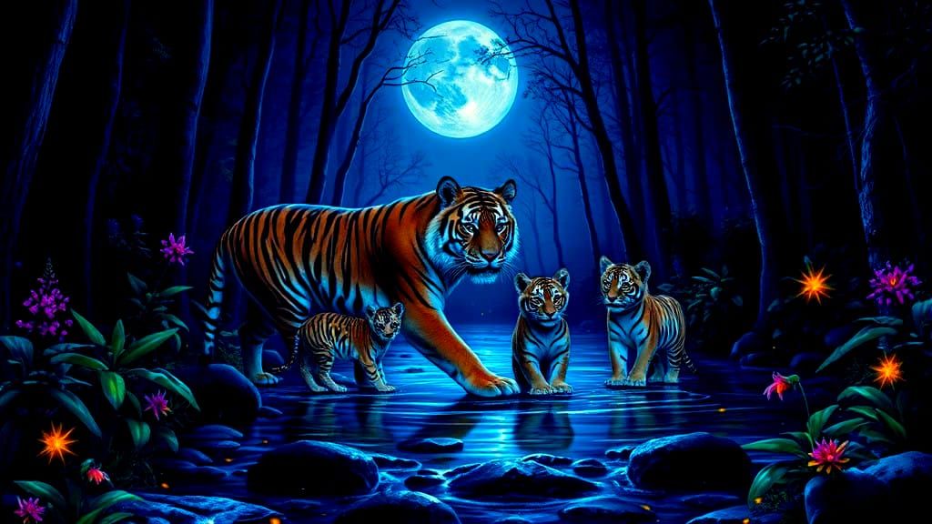 Moonlit Tiger Protects Her Cubs in a Shimmering Forest