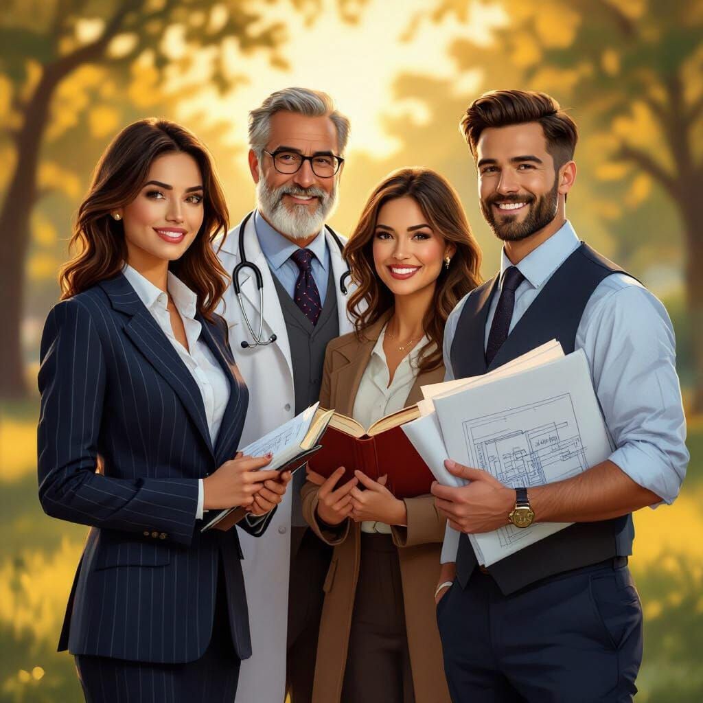 Diverse Professionals Posing in Park at Golden Hour