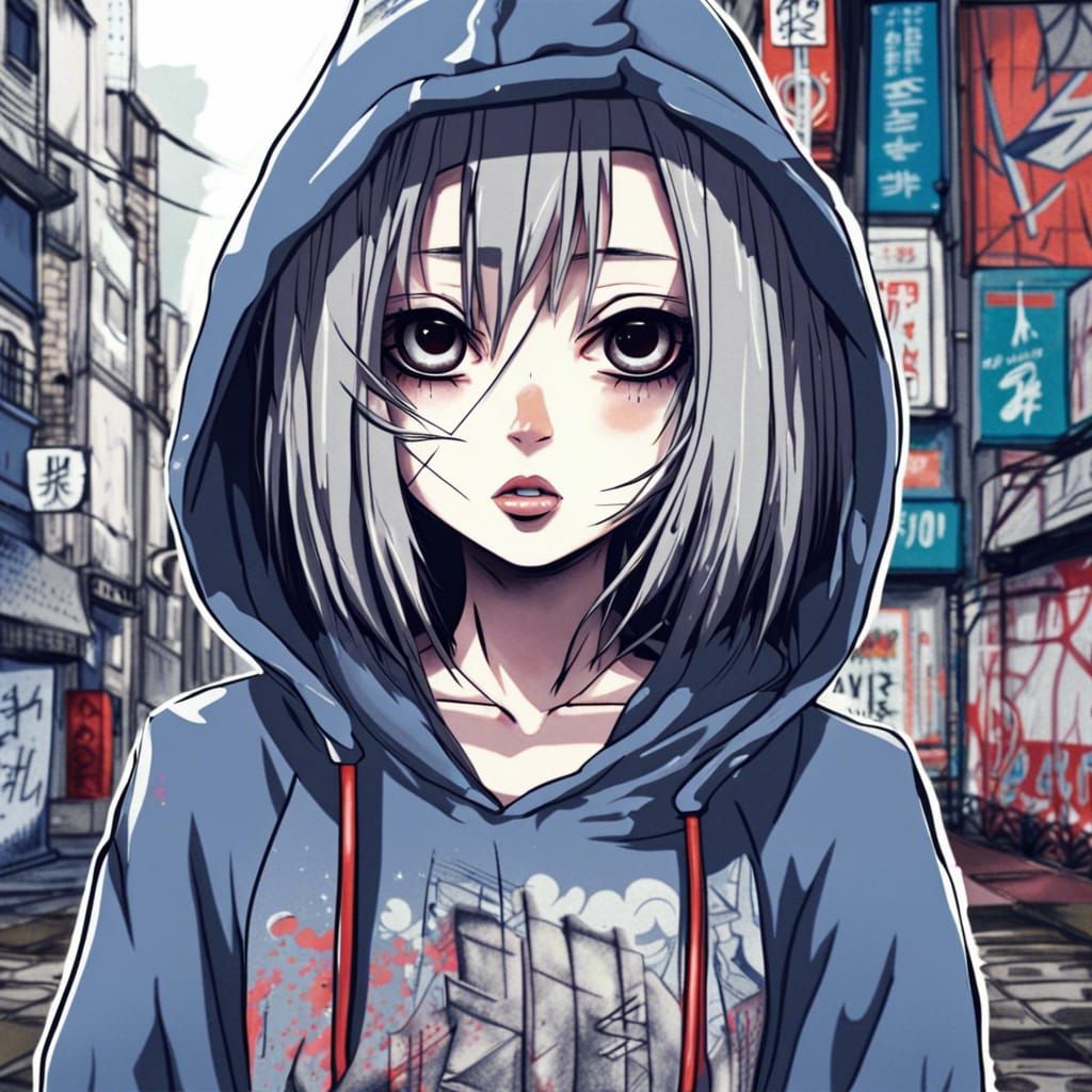 Mysterious Anime Girl Amidst Urban Graffiti