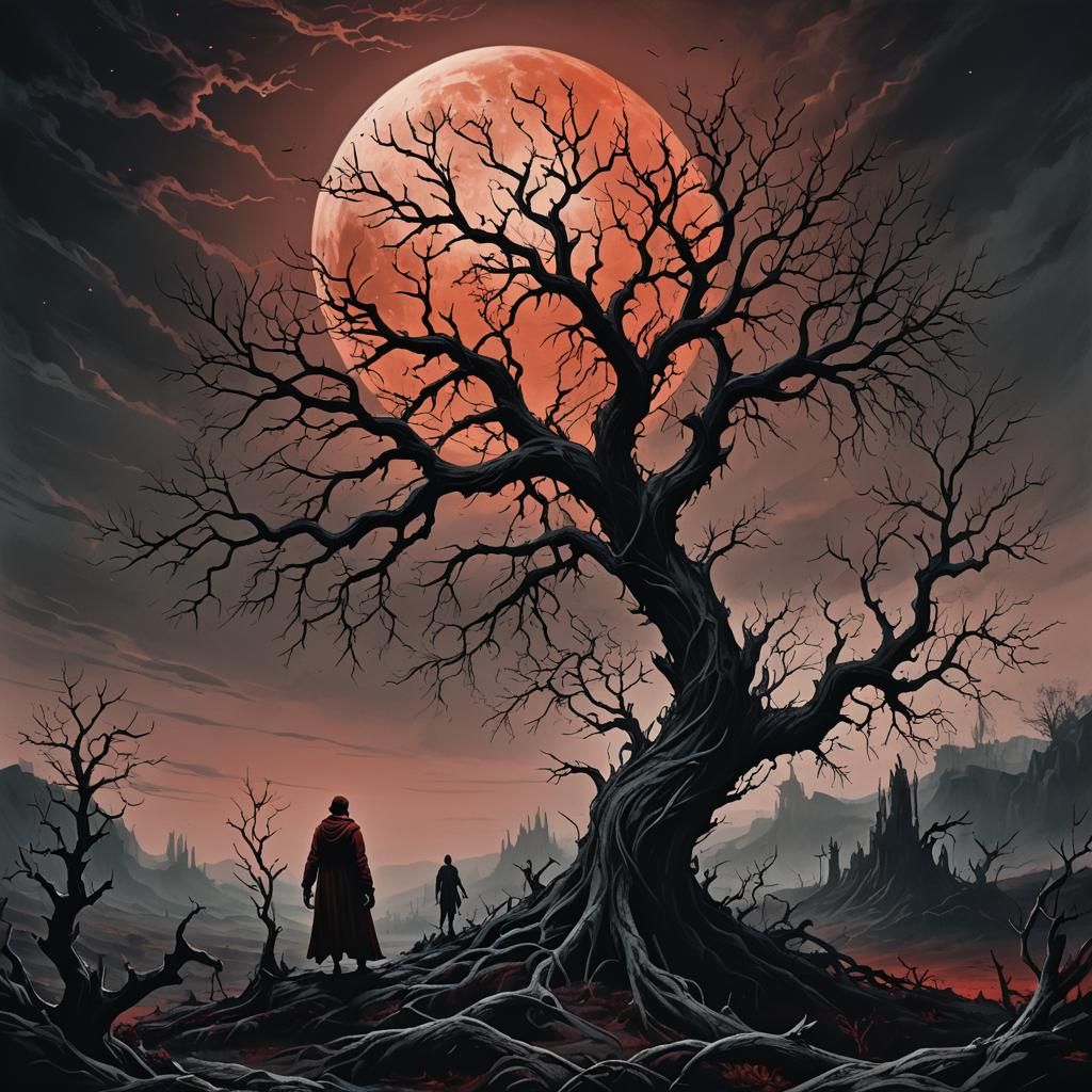 Dark Fantasy Figure Stands in Twisted, Moonlit Landscape