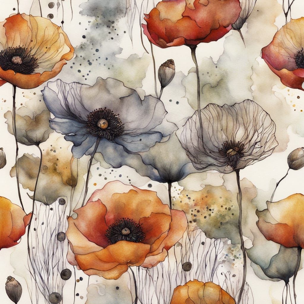 Mystical Wind Fae with Poppies in Mixed Media Style