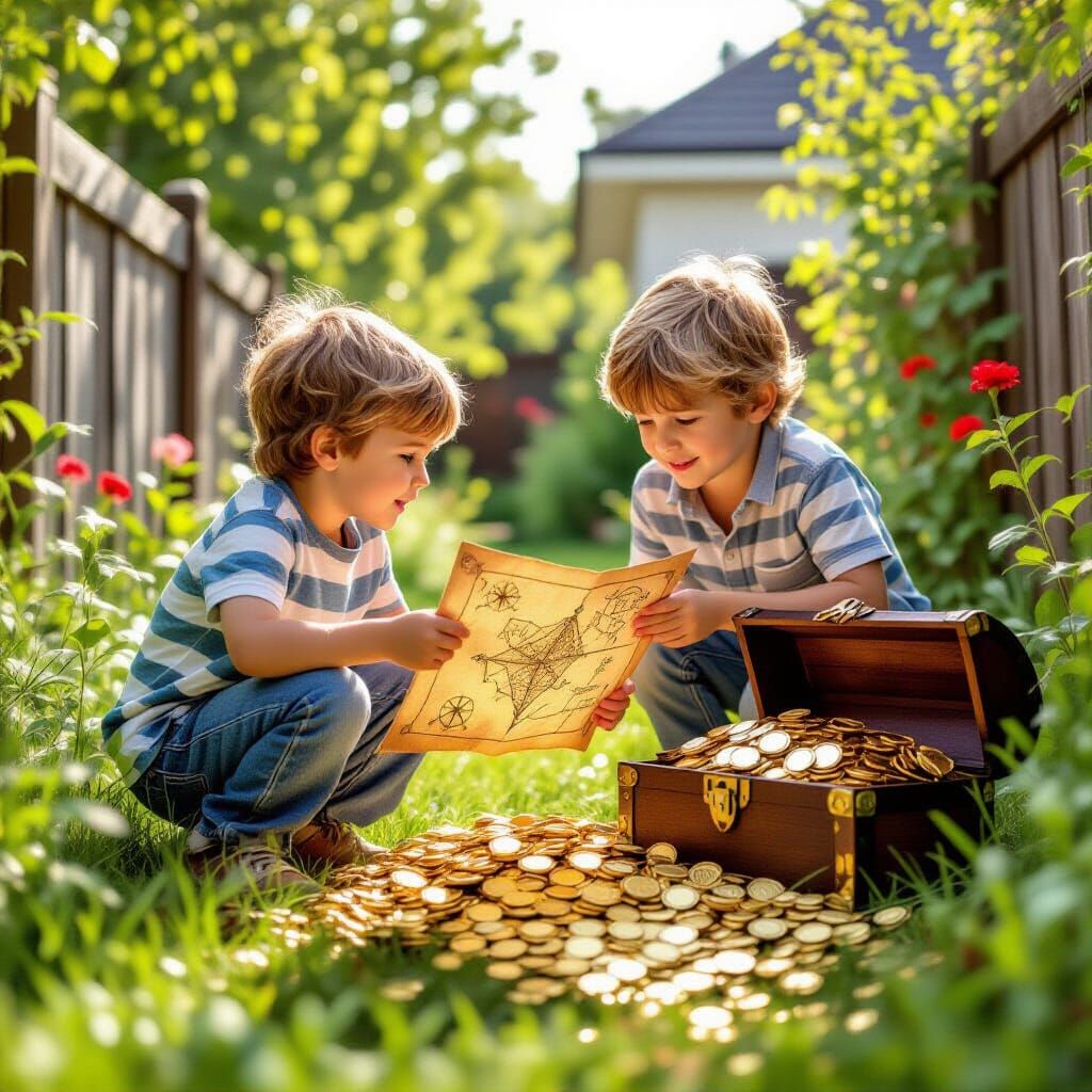 Children Discovering Buried Treasure in Garden