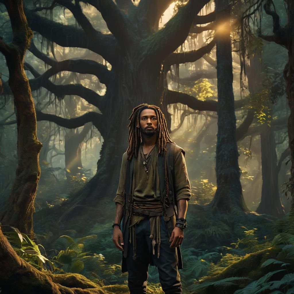 Muscular Young Man Stands Proud in Mystical Forest as Cyberp...