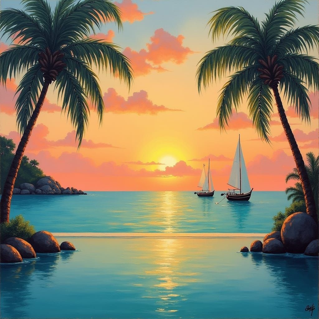 Sunset Dreams: Tropical Palm Trees and Wooden Sailboats