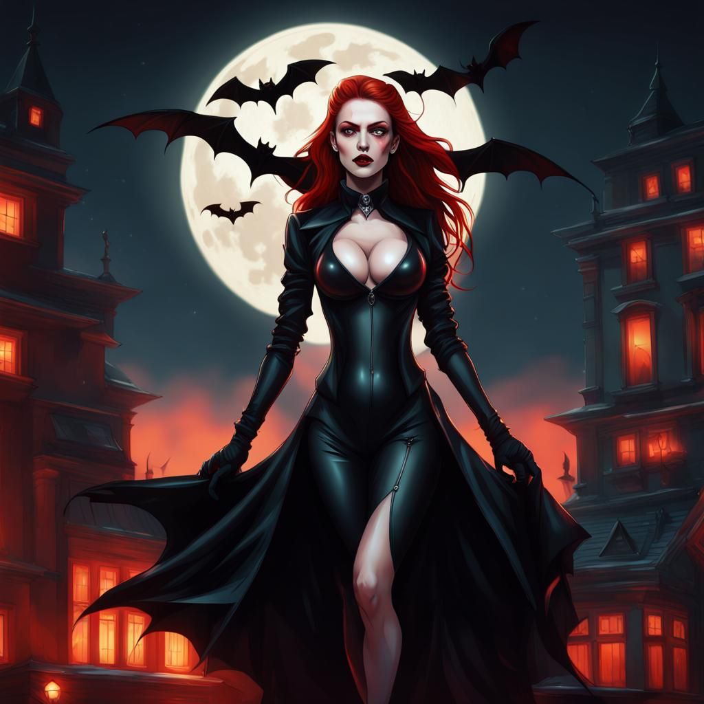 Crimson-Eyed Vampire Queen in Regal Attire Under Full Blood...
