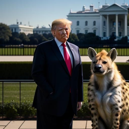 Donald Trump Surrounded by a Wild Hyena in Front of the Whit...