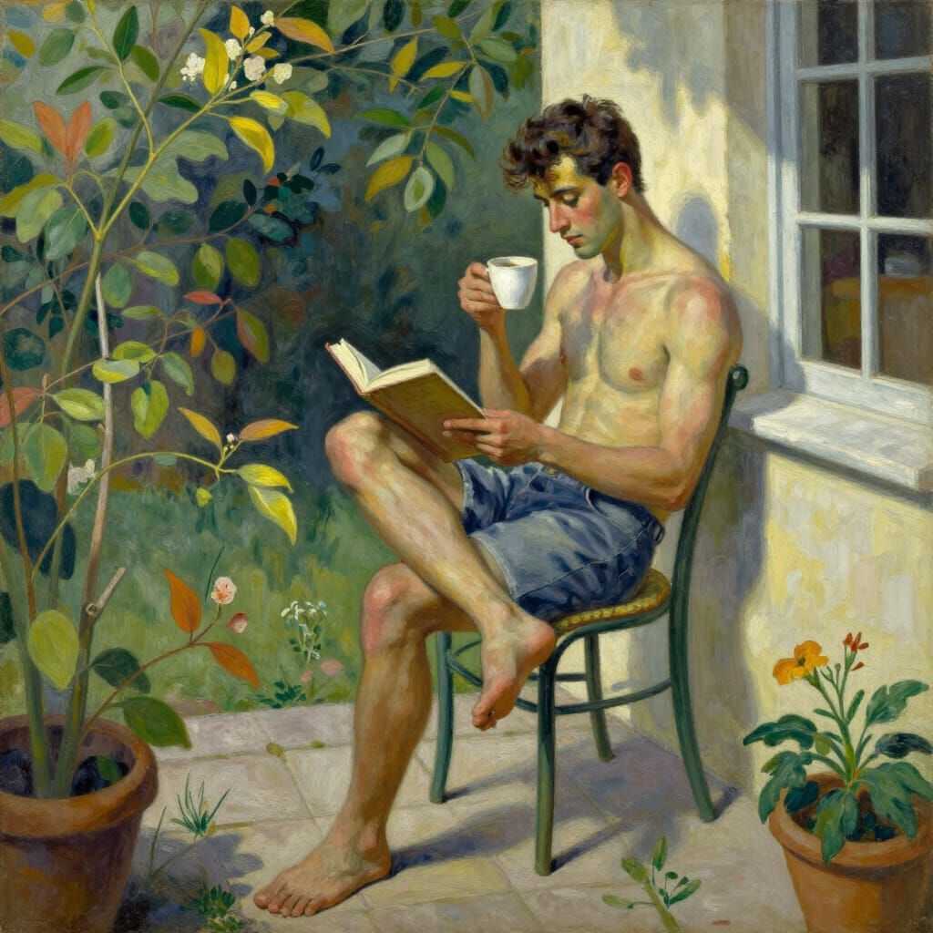 Young Man Reading in Sunny Garden Alcove