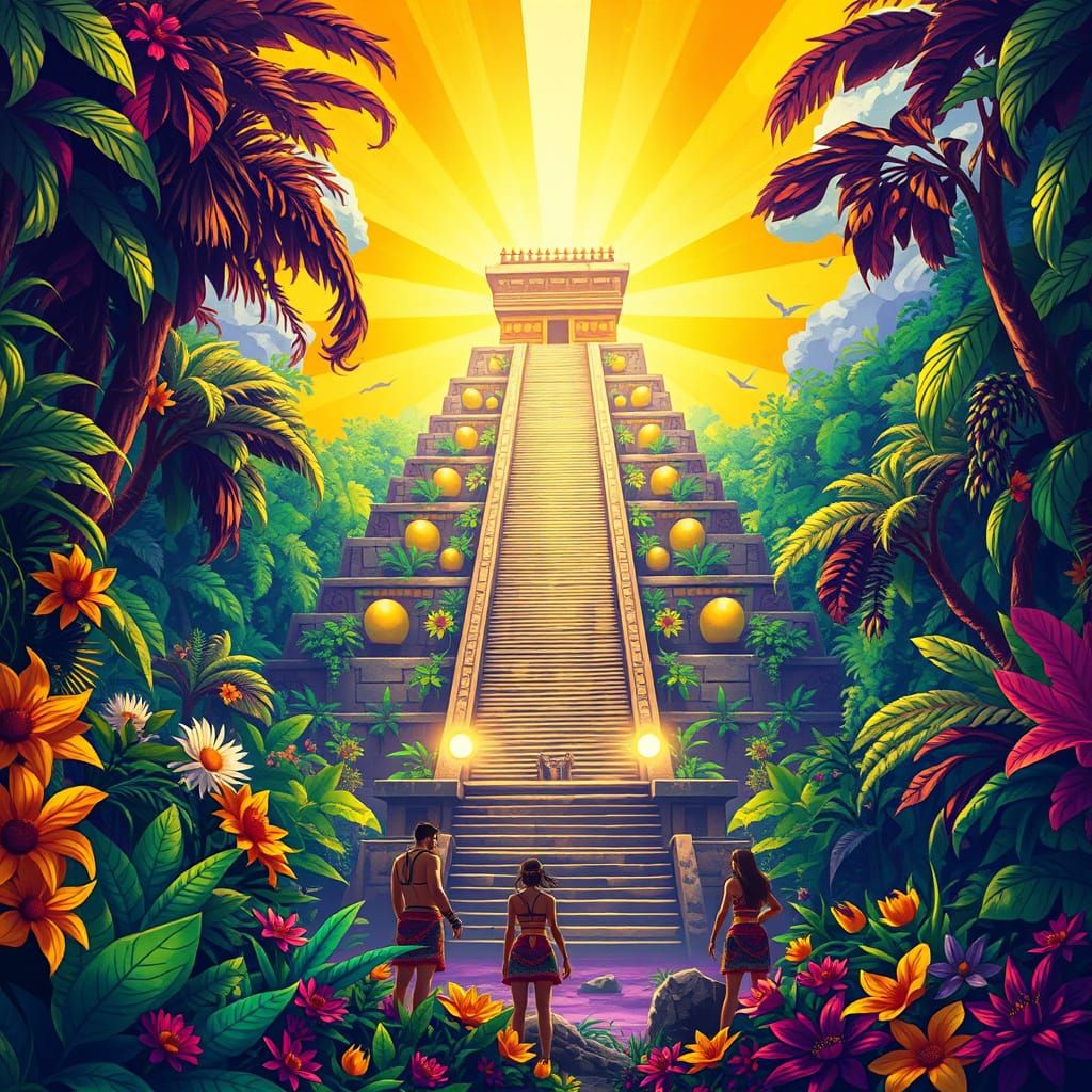 Ethereal Mayan-Aztec Pyramid Radiates Aura in Vibrant Jungle