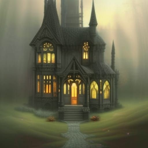 Epic gothic house painted black& ethereal gothic windows& Gothic vibes& ethereal vibes& dark fantasy vibes& fantasy vibe...