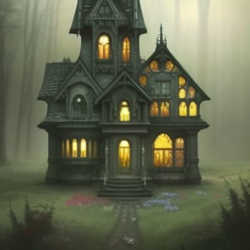 Epic gothic house painted black& ethereal gothic windows& Gothic vibes& ethereal vibes& dark fantasy vibes& fantasy vibe...