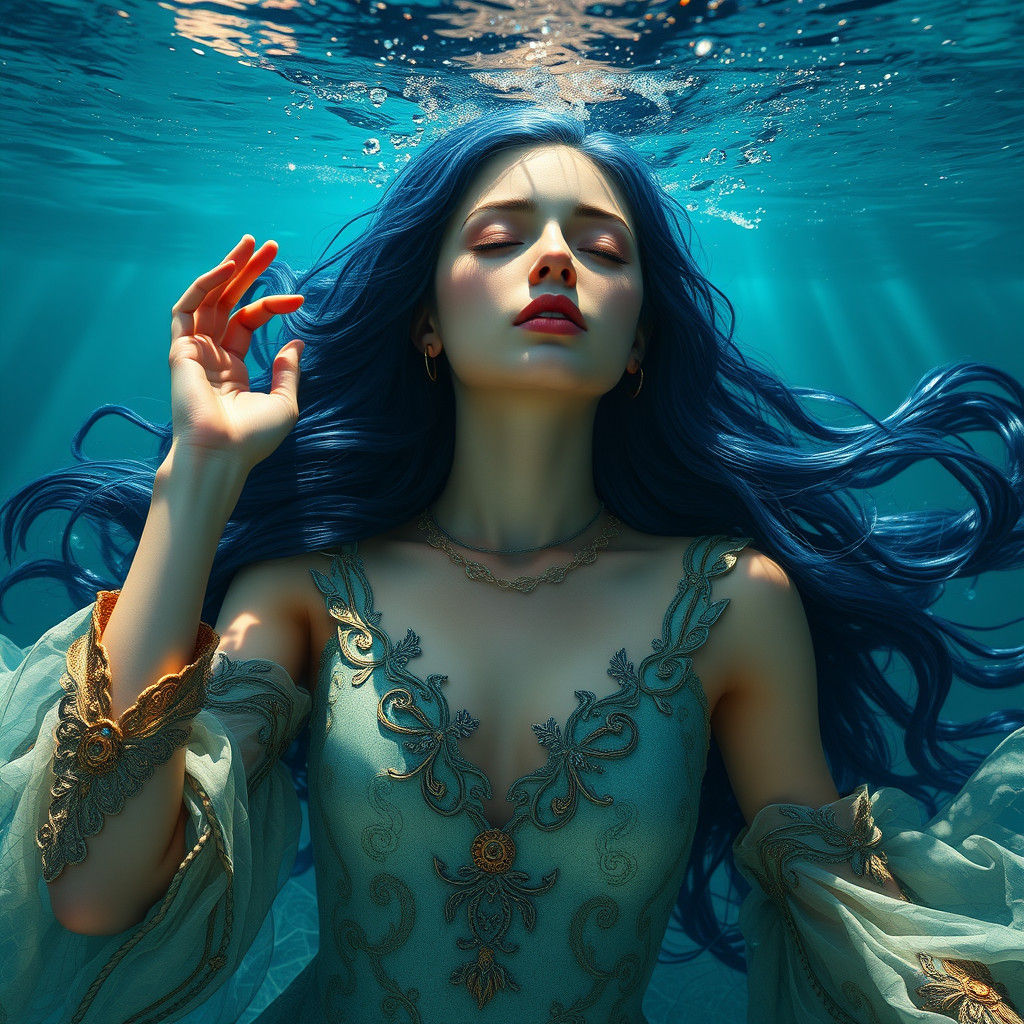 Ethereal Fantasy Maiden Reaches for Air Amidst Crystal Clear...