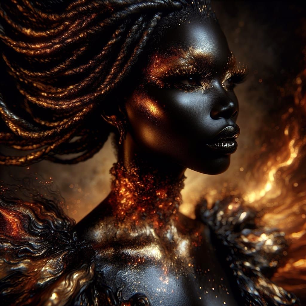 Regal Woman Bathed in Molten Firelight as Surreal Art