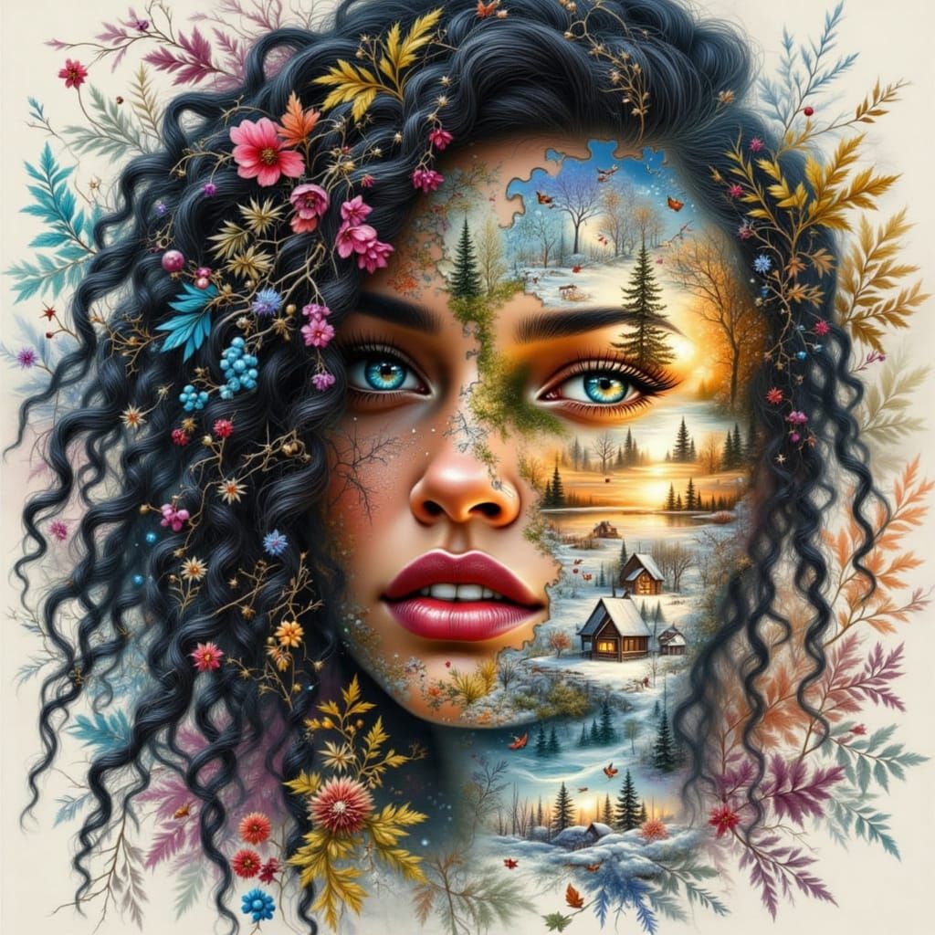 Fantasy Portrait of Woman Adorned with Seasonal Puzzle Piece...