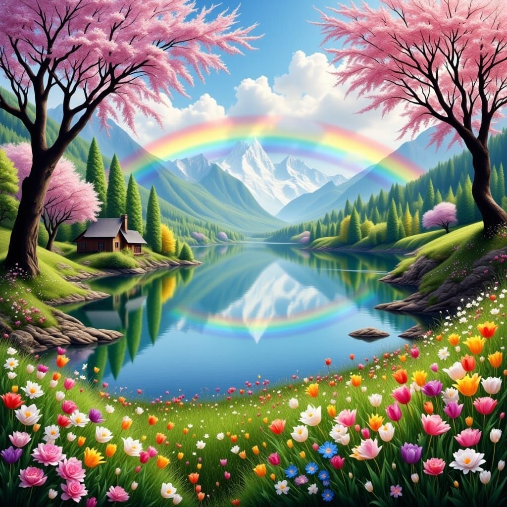 Vibrant Blossoms Under Rainbow's Radiant Arc in Impressionis...
