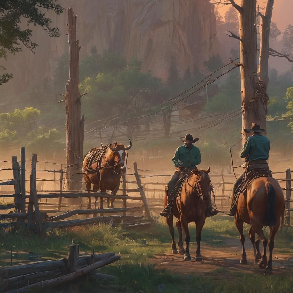 Cowboy Ropes Majestic Steer Under Warm Sunset in Fantasy Ran...