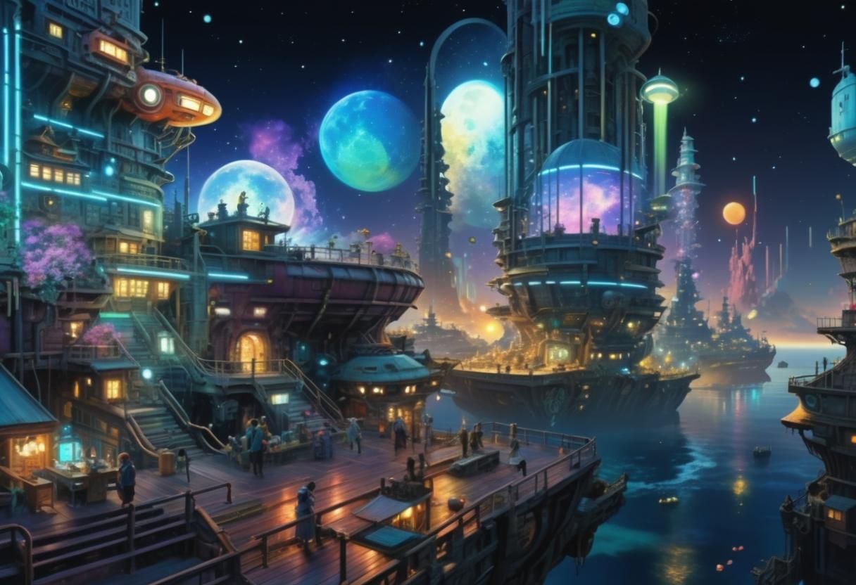 Ethereal Cosmic Landscape in Vibrant Studio Ghibli Style