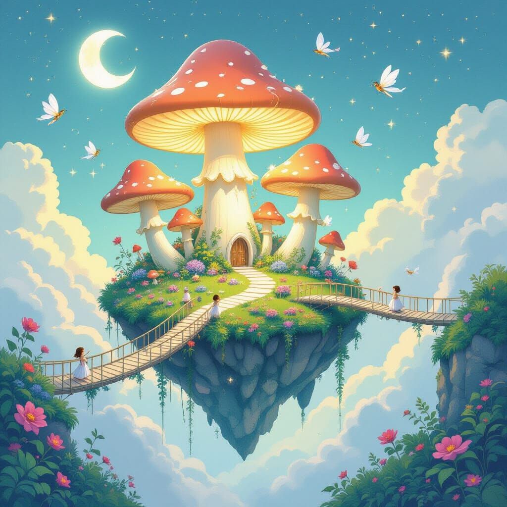 Ethereal Floating Mushroom Island with Moonlight Bridges