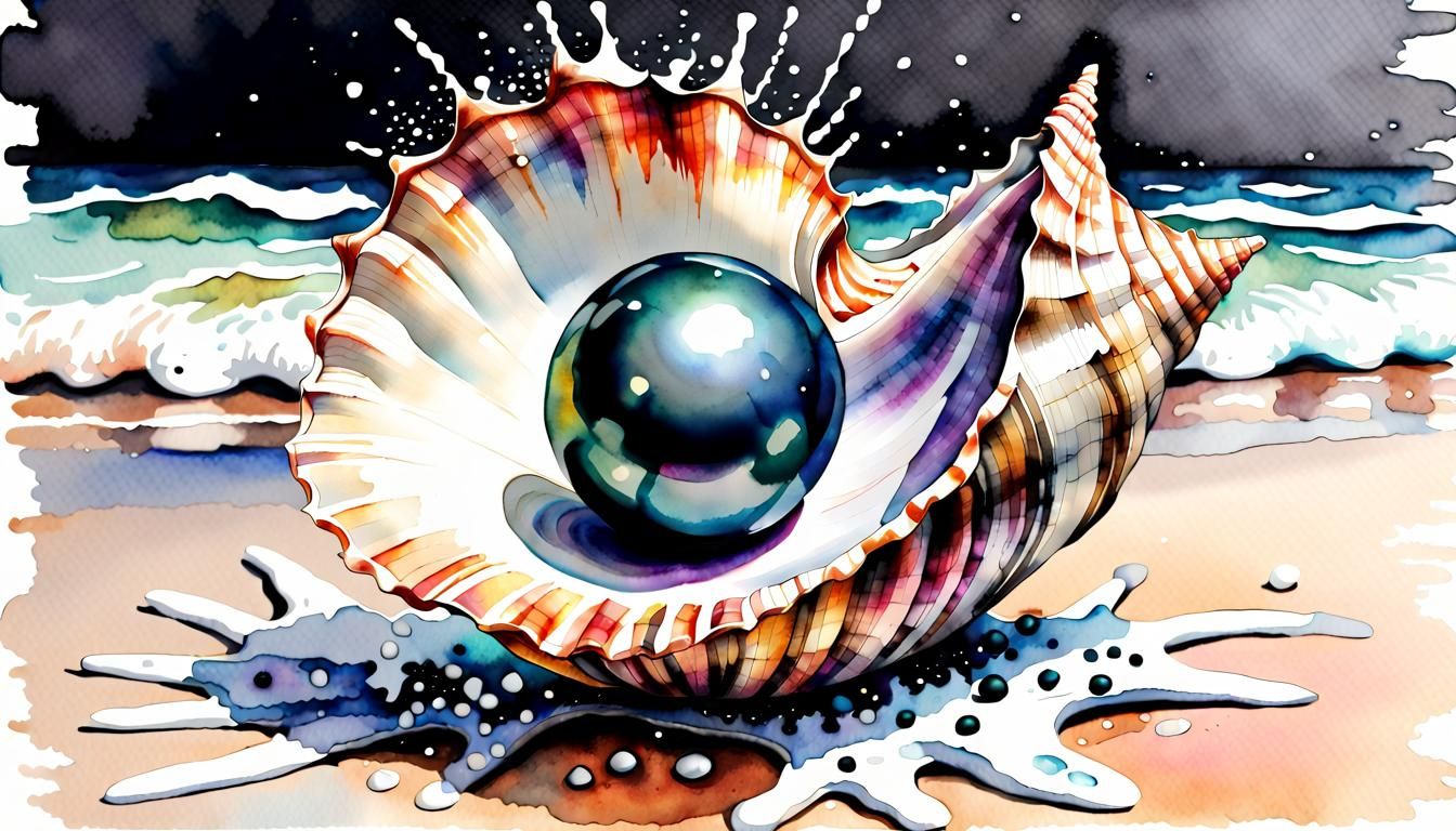 Watercolor Splatter Painting of Seashell with Shiny Black Pe...