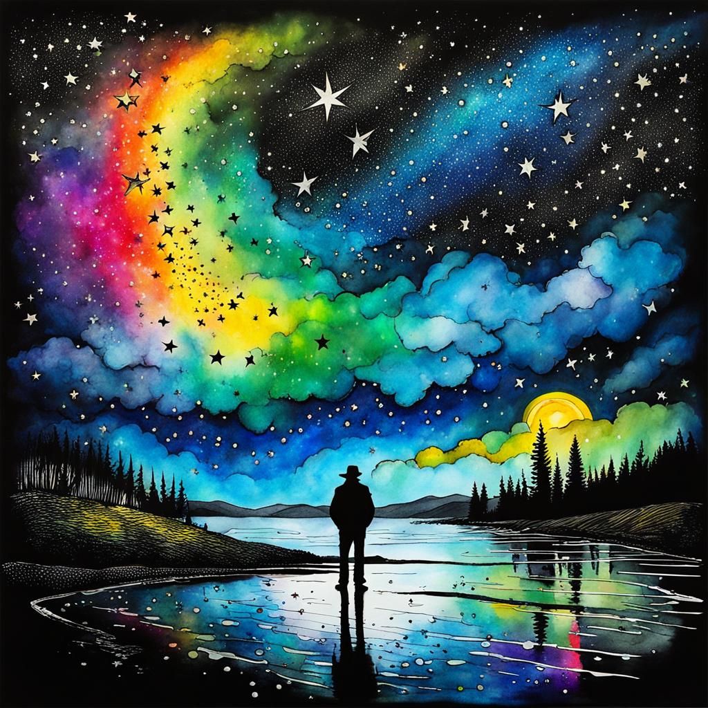 Surreal Child's Drawing in Ethereal Starry Night Scene with...